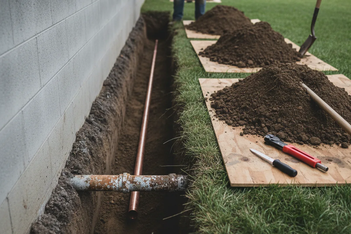 Excavated water line trench during Water Softener Installation in Beaverdale